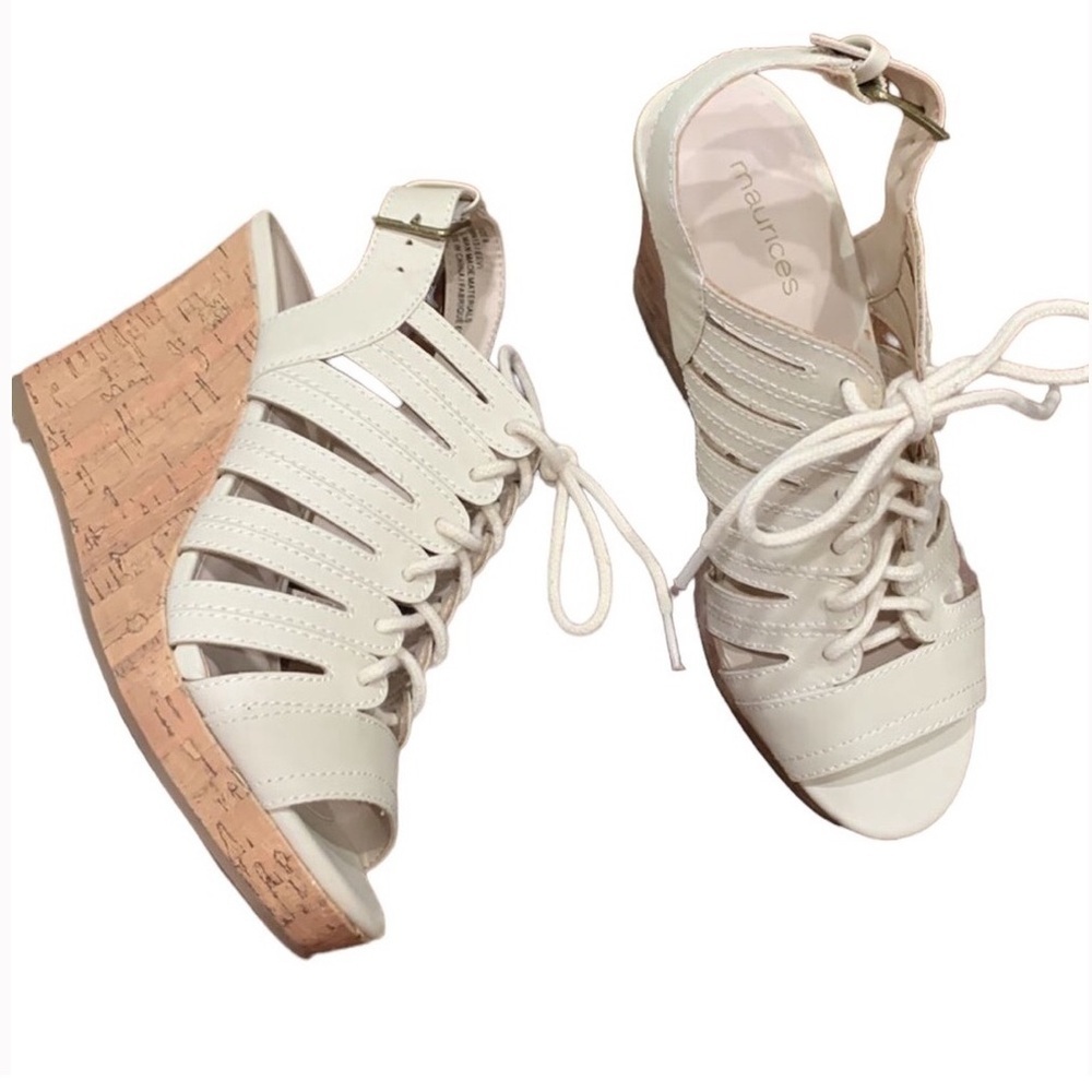 NEW Maurice’s lace up cork wedge heel sandals cream Sz 6